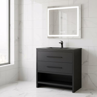 36" Black Rough Oak Freestanding Bathroom Vanity with Black Engineered Quartz Countertop