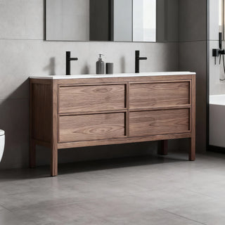 60" Natural Walnut Freestanding Double Sink Bathroom Vanity with White Solid Surface Countertop