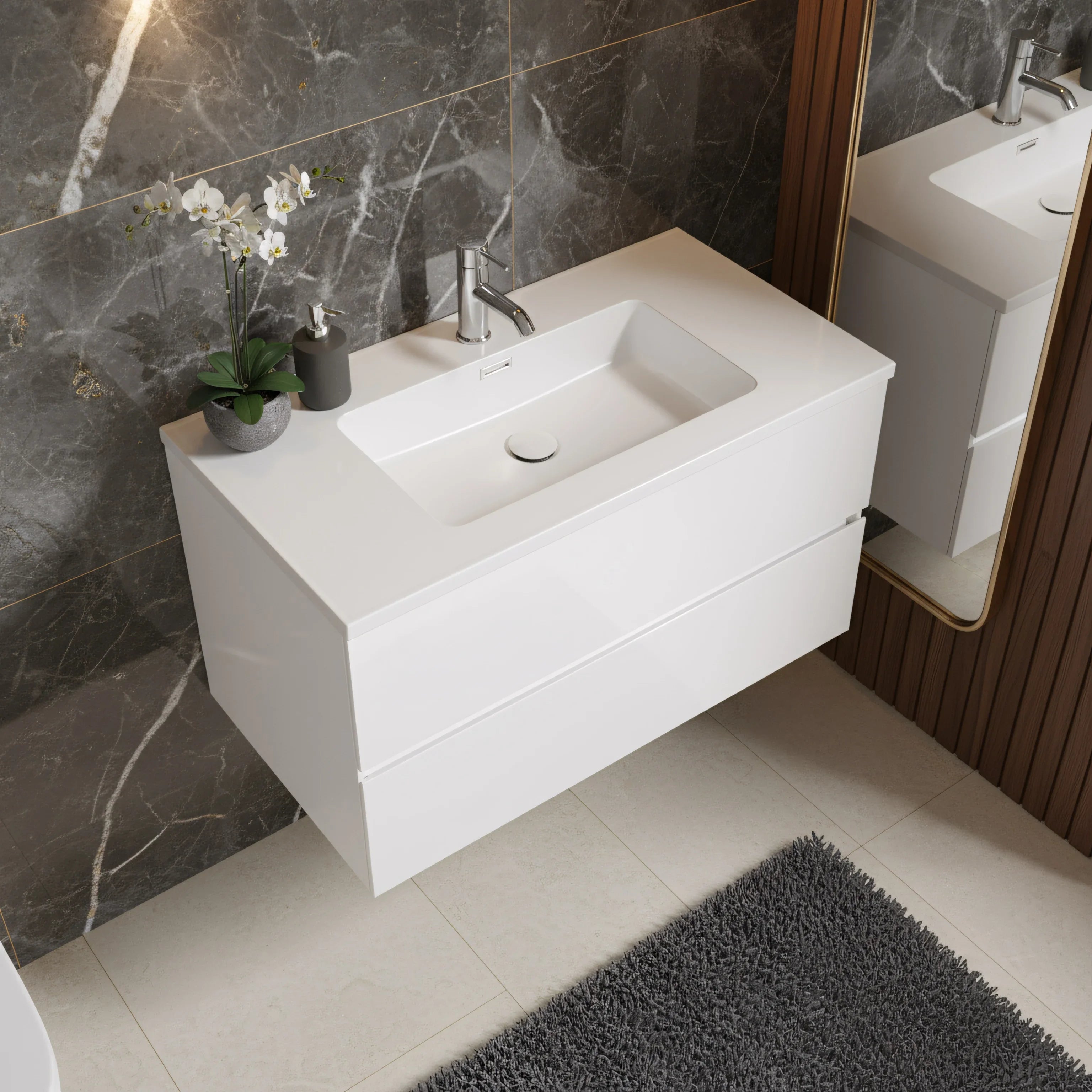 36" White Wall Mount Single Sink Bathroom Vanity with White Polymarble Countertop