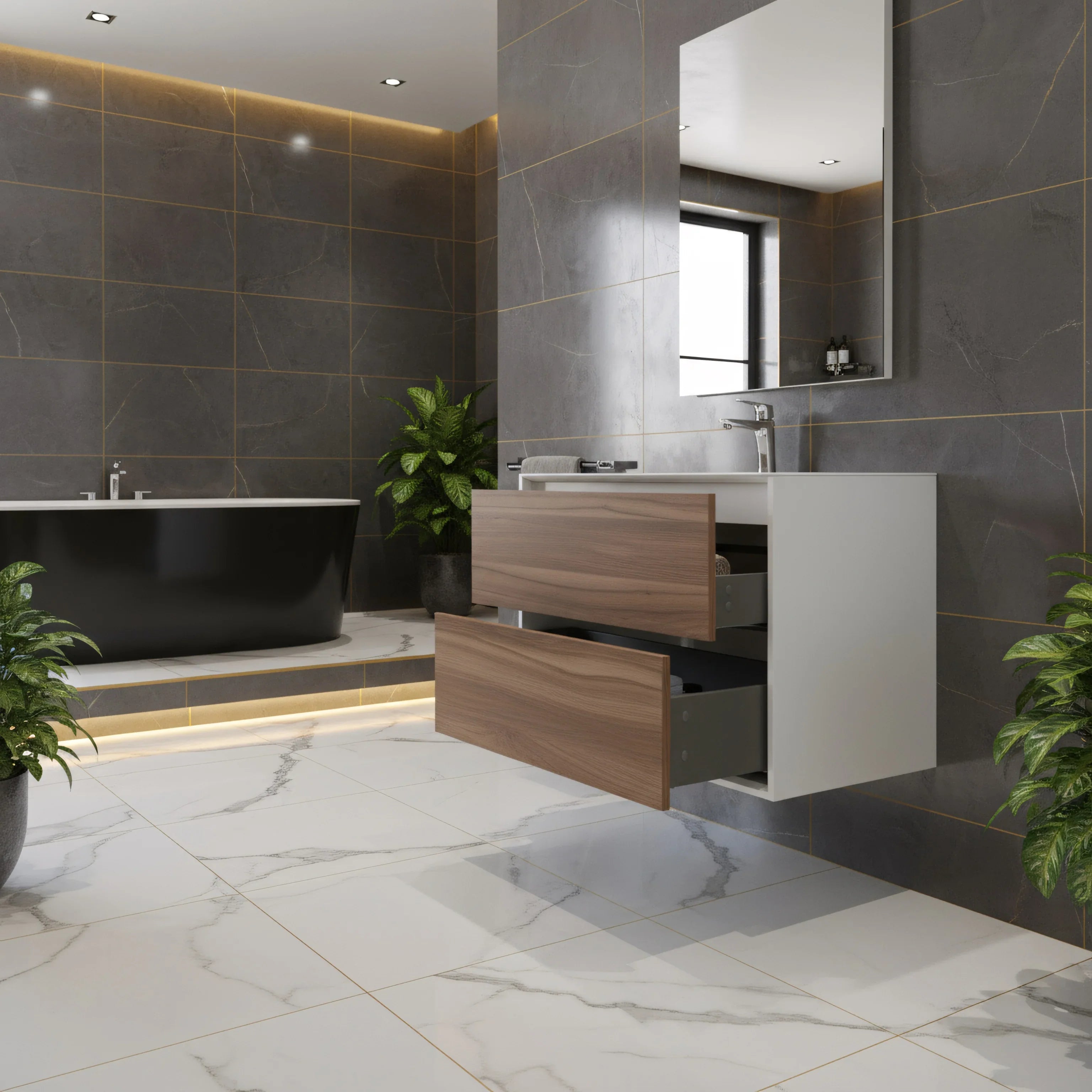 Meuble-lavabo mural en noyer de 36" avec Comptoir en polymarbre blanc