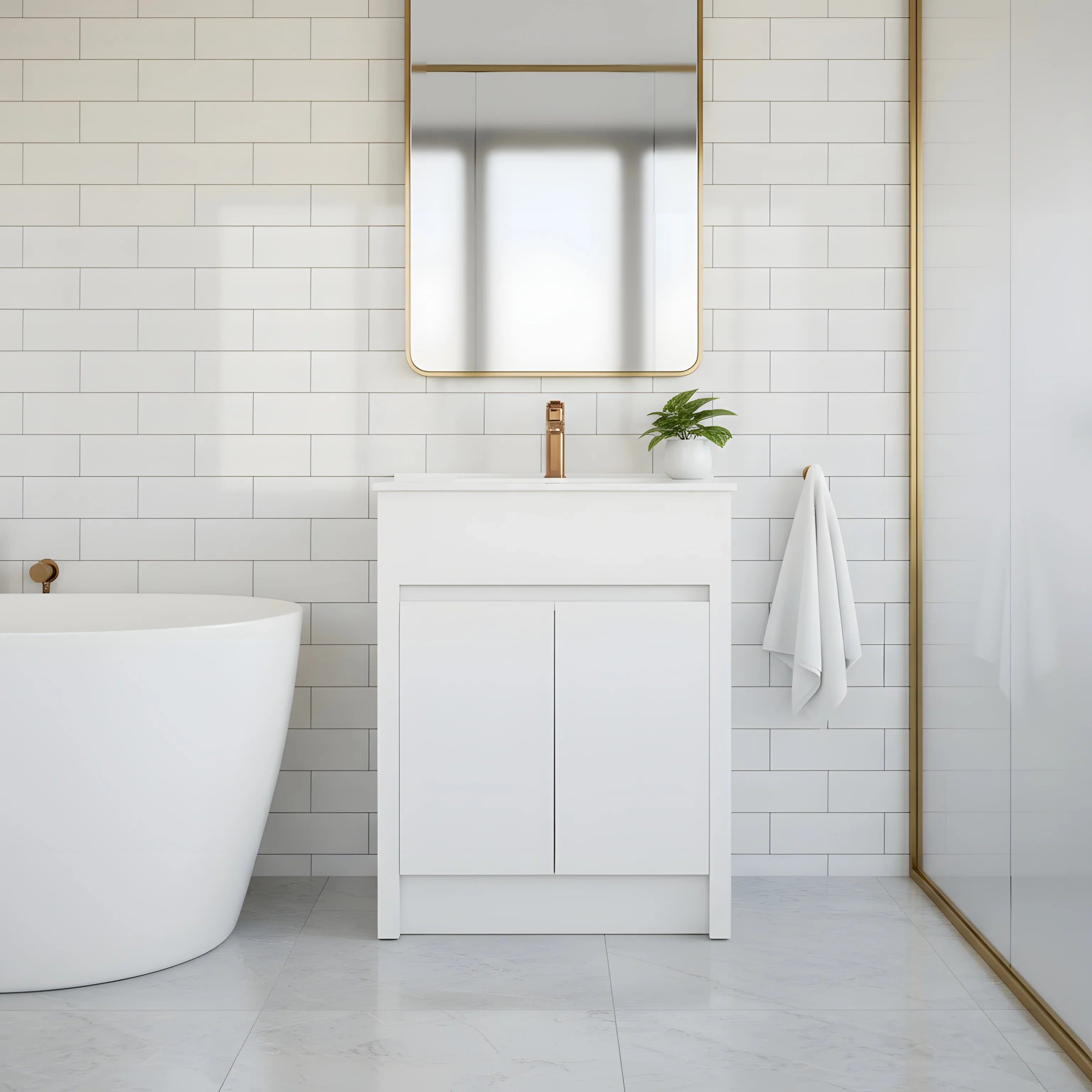 Meuble-Lavabo Autoportant 24po Blanc Mat avec Comptoir de Céramique Blanc