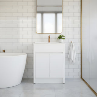 24" Matte White Freestanding Bathroom Vanity with White Ceramic Countertop