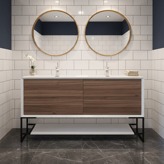 Meuble-lavabo double mural en noyer de 60" avec Comptoir en polymarbre blanc Fleur