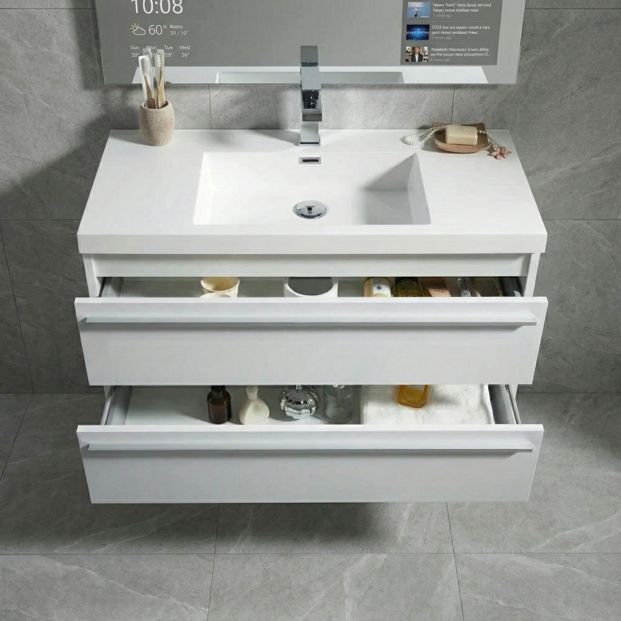 Meuble-Lavabo Mural Blanc de 36 po avec Comptoir en Polymarbre Blanc
