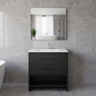 Meuble-Lavabo Autoportant 30po Chêne Noir avec Comptoir de Polymarbre Blanc