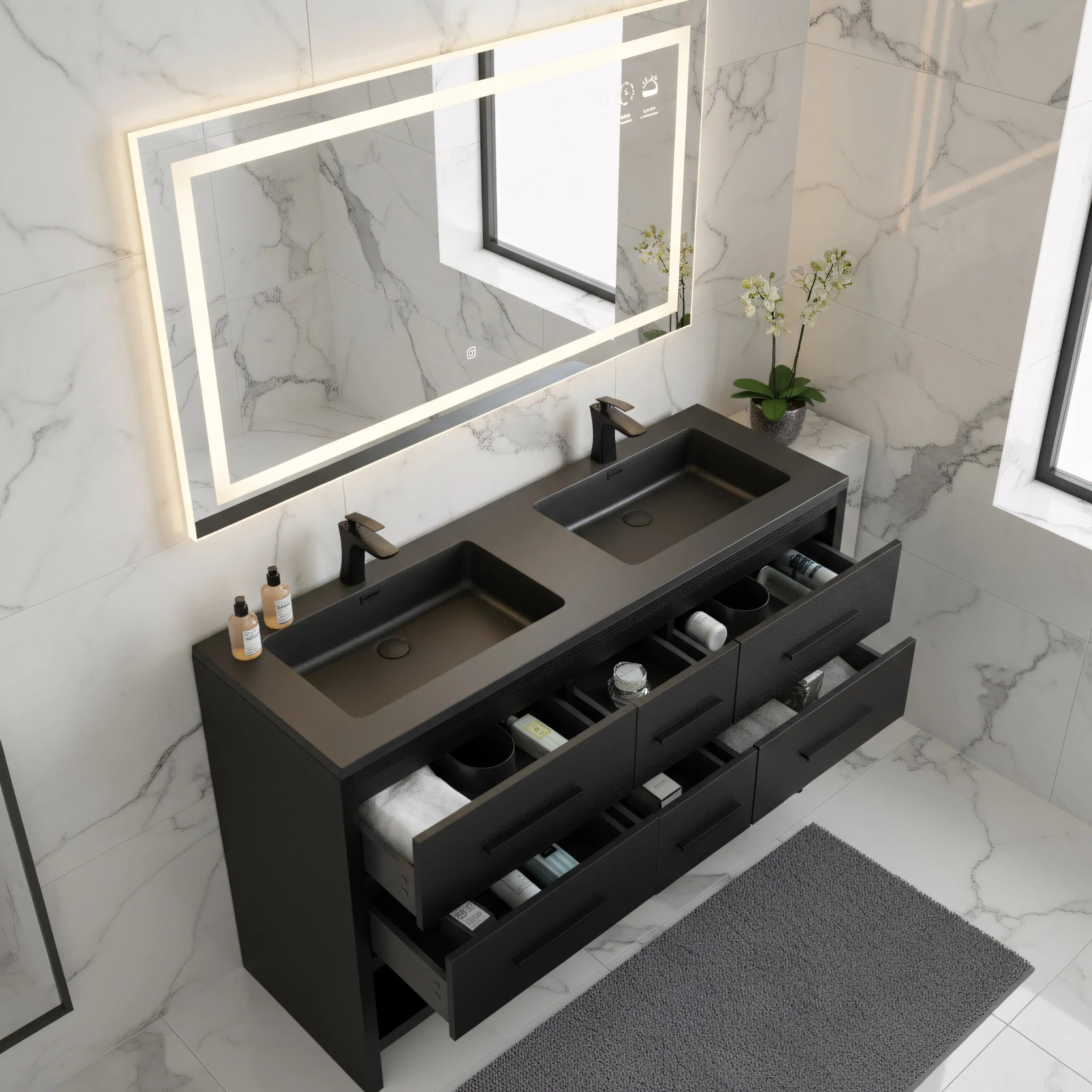 60" Black Oak Freestanding Double Sink Bathroom Vanity with Black Engineered Quartz Countertop