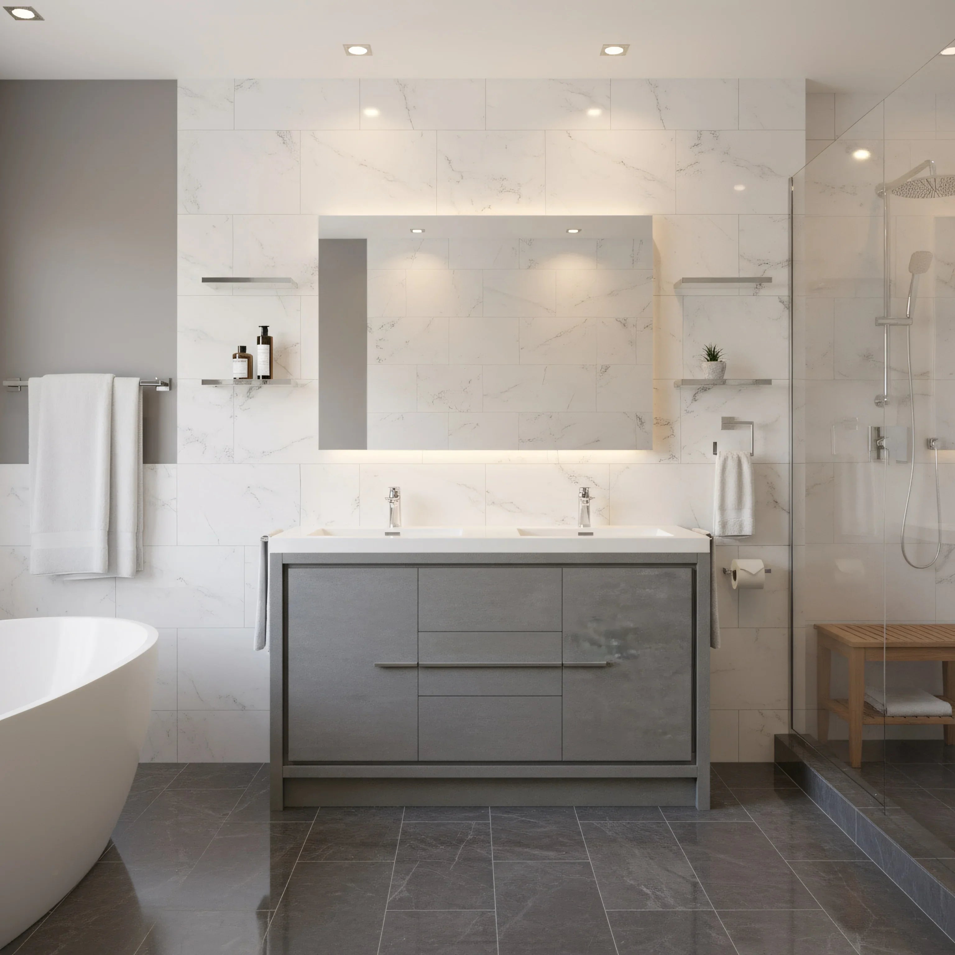 60" Cement Freestanding Double Sink Bathroom Vanity with White Polymarble Countertop