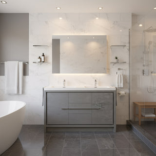 60" Cement Freestanding Double Sink Bathroom Vanity with White Polymarble Countertop