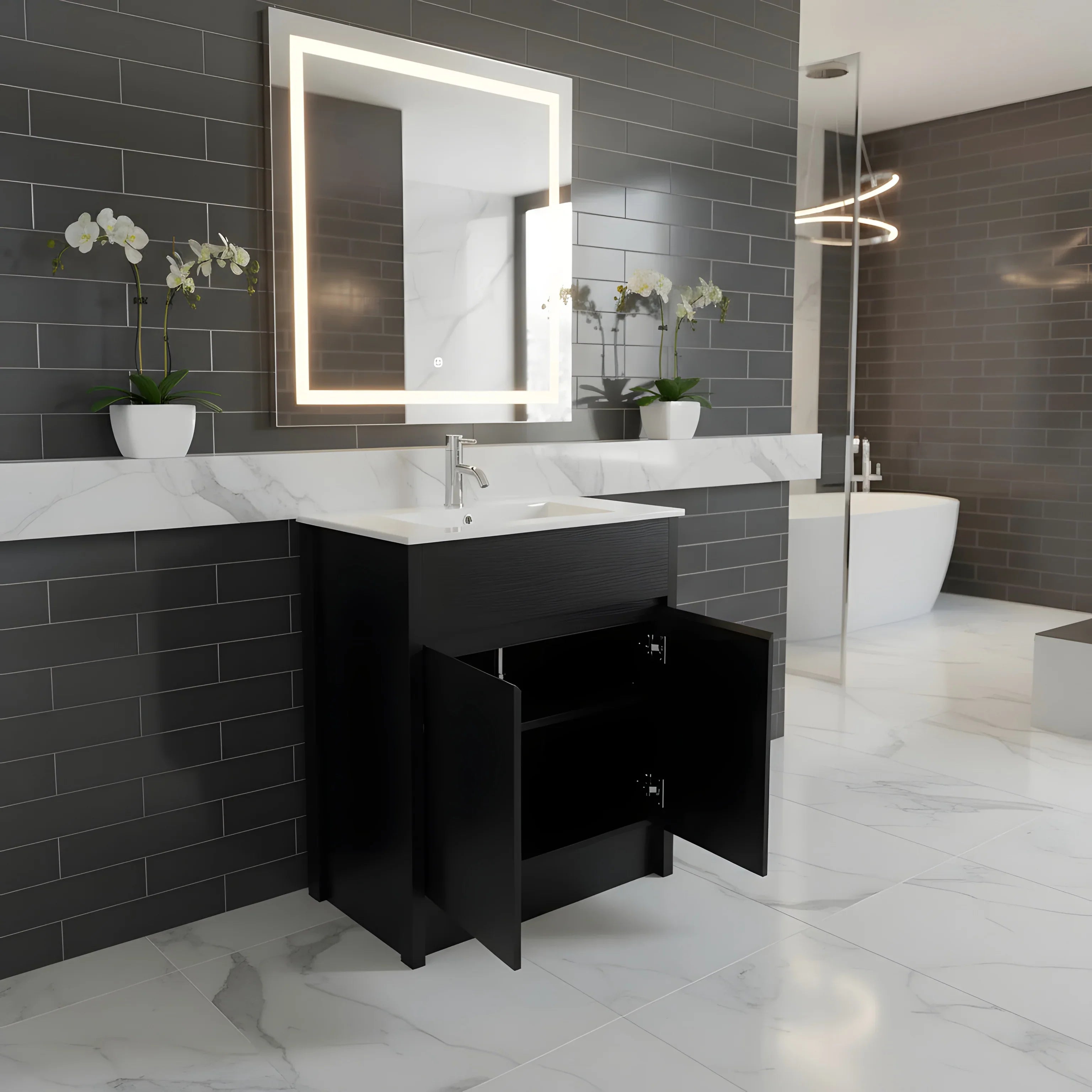 24" Dark Brown Oak Freestanding Bathroom Vanity with White Ceramic Countertop