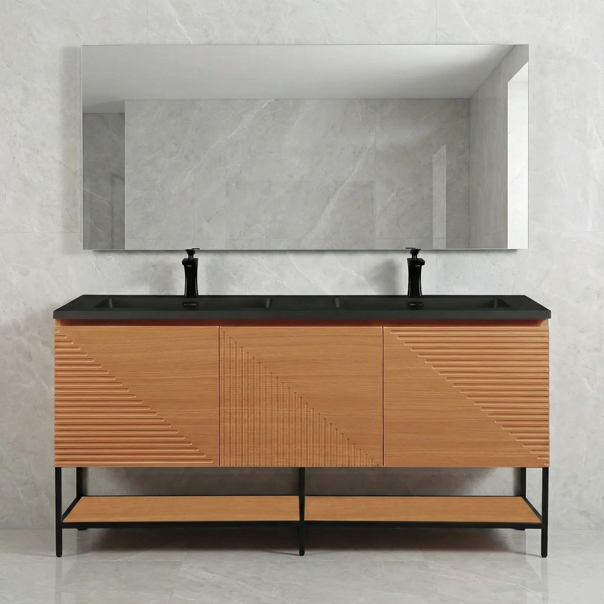 60" Light Oak Wall-Mounted Double Sink Bathroom Vanity with Black Engineered Quartz Countertop