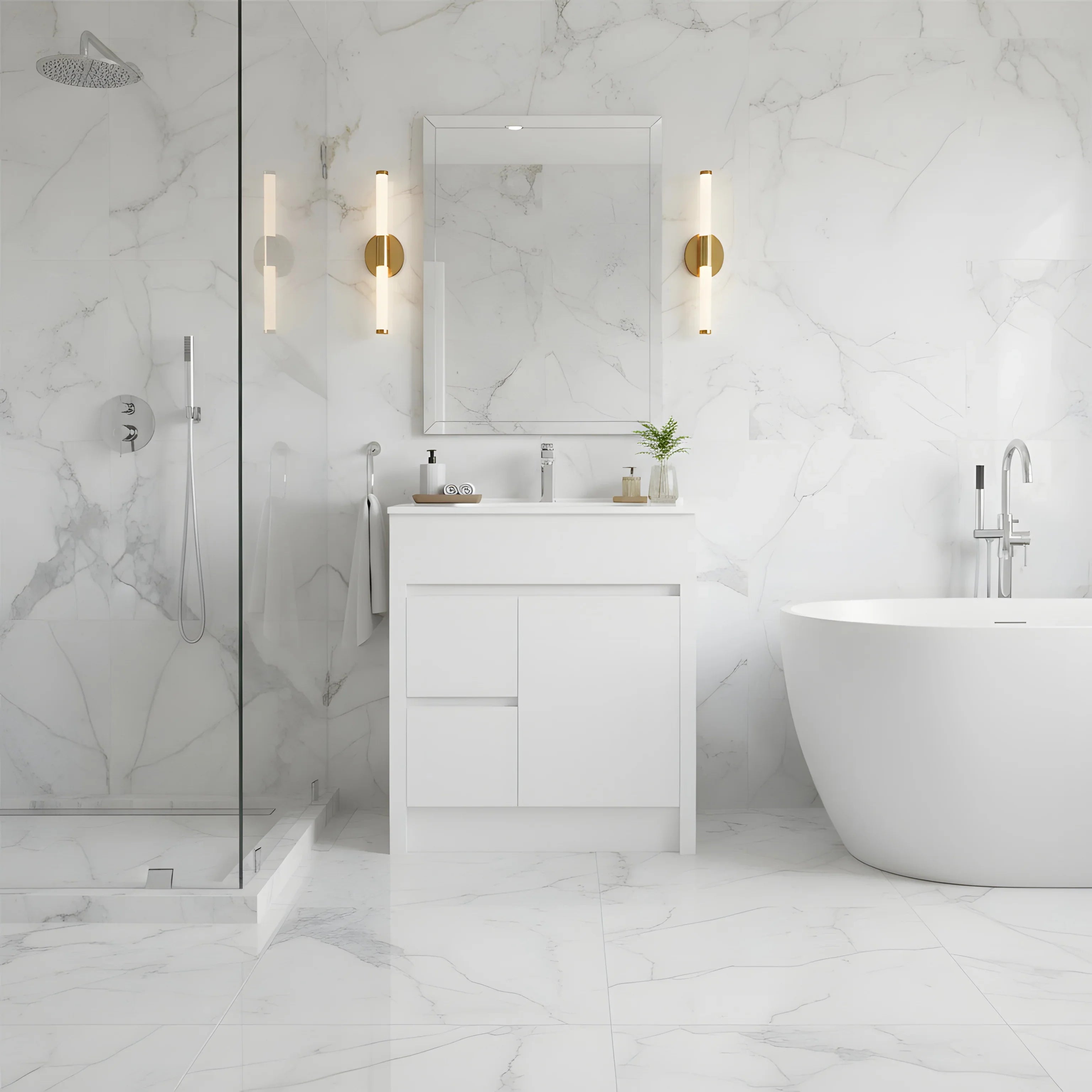 Meuble-Lavabo Autoportant 30po Blanc Mat avec Comptoir de Céramique Blanc