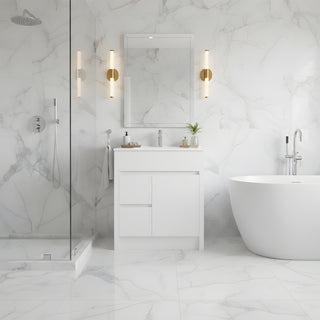 30" Matte White Freestanding Bathroom Vanity with White Ceramic Countertop