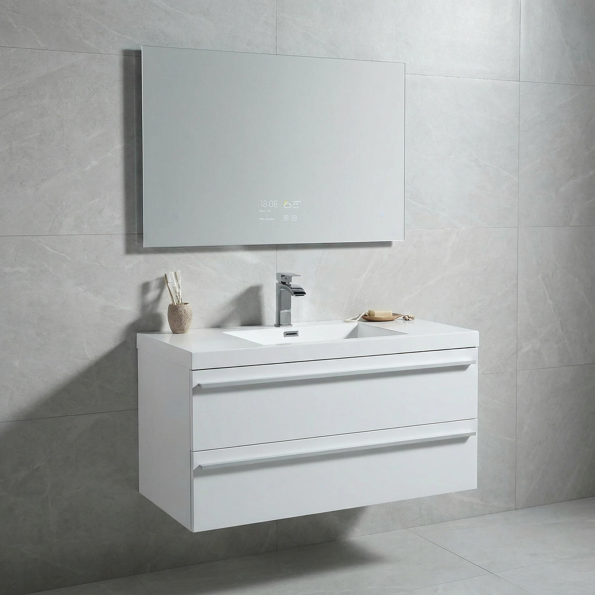 42" White Wall Mount Bathroom Vanity with White Polymarble Countertop