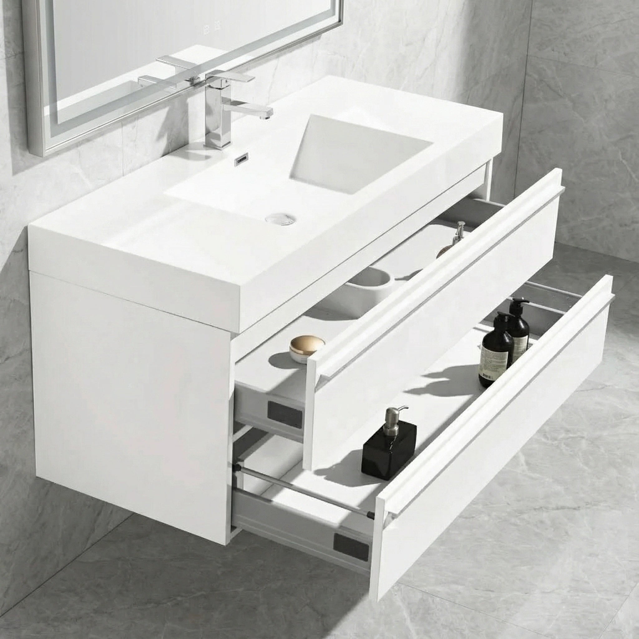 Meuble-Lavabo Mural Blanc de 48 po avec Comptoir en Polymarbre Blanc