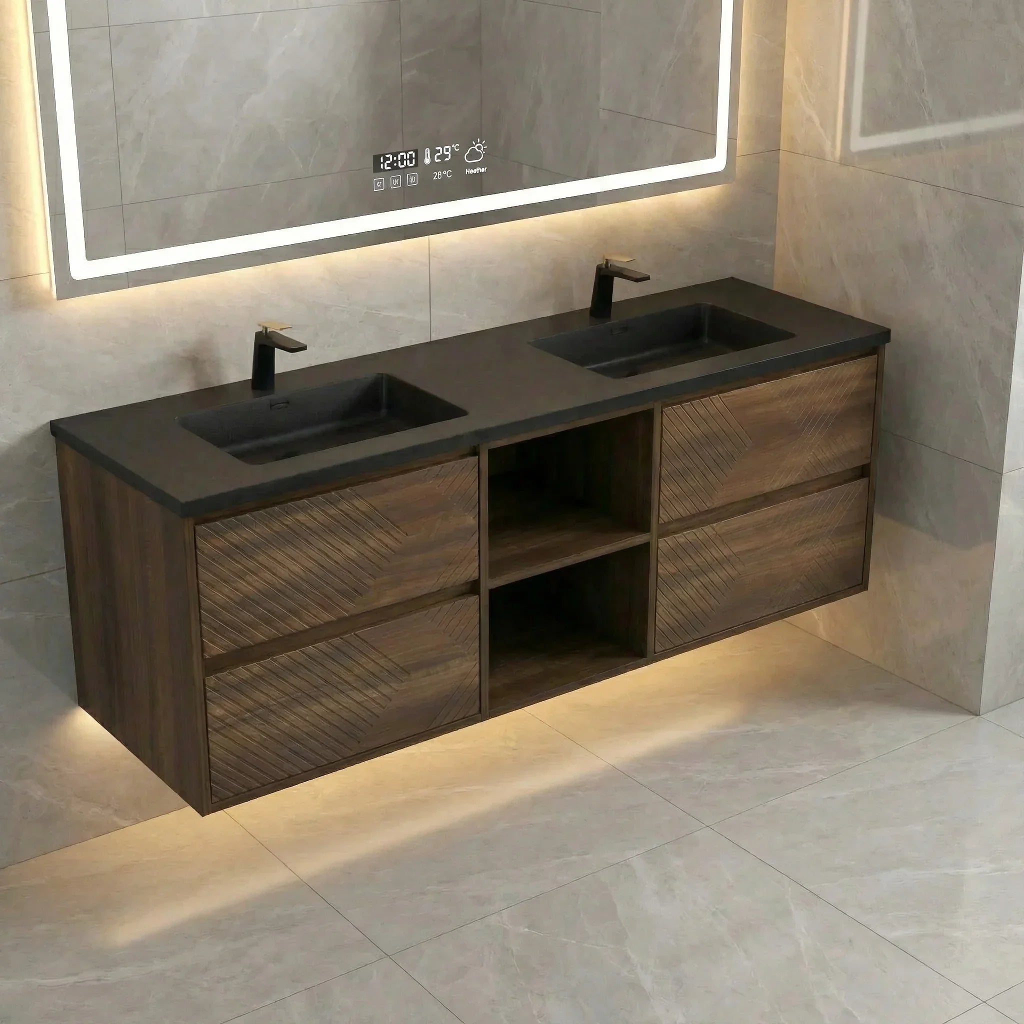 72" Walnut Wall Mount Double Sink Bathroom Vanity with Black Engineered Quartz Countertop