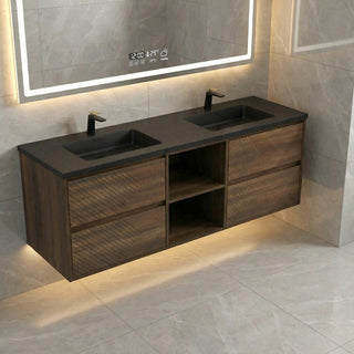 Meuble-Lavabo Mural 72po Noyer avec Comptoir de Quartz d'ingénierie Noir