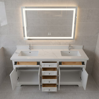 72" White Freestanding Double Sink Bathroom Vanity with Engineered Calcutta Marble Countertop