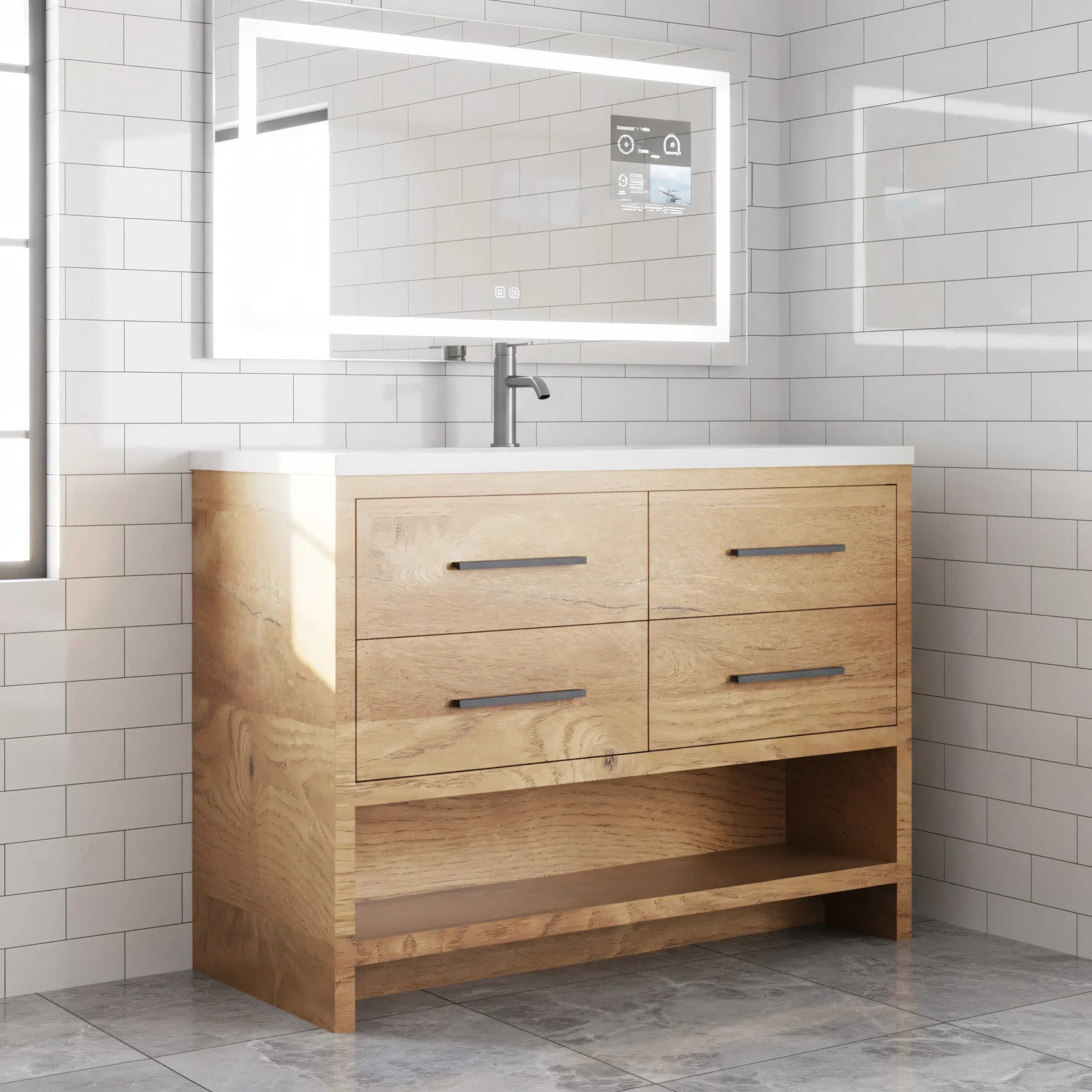 48" Rough Oak Freestanding Bathroom Vanity with White Polymarble Countertop