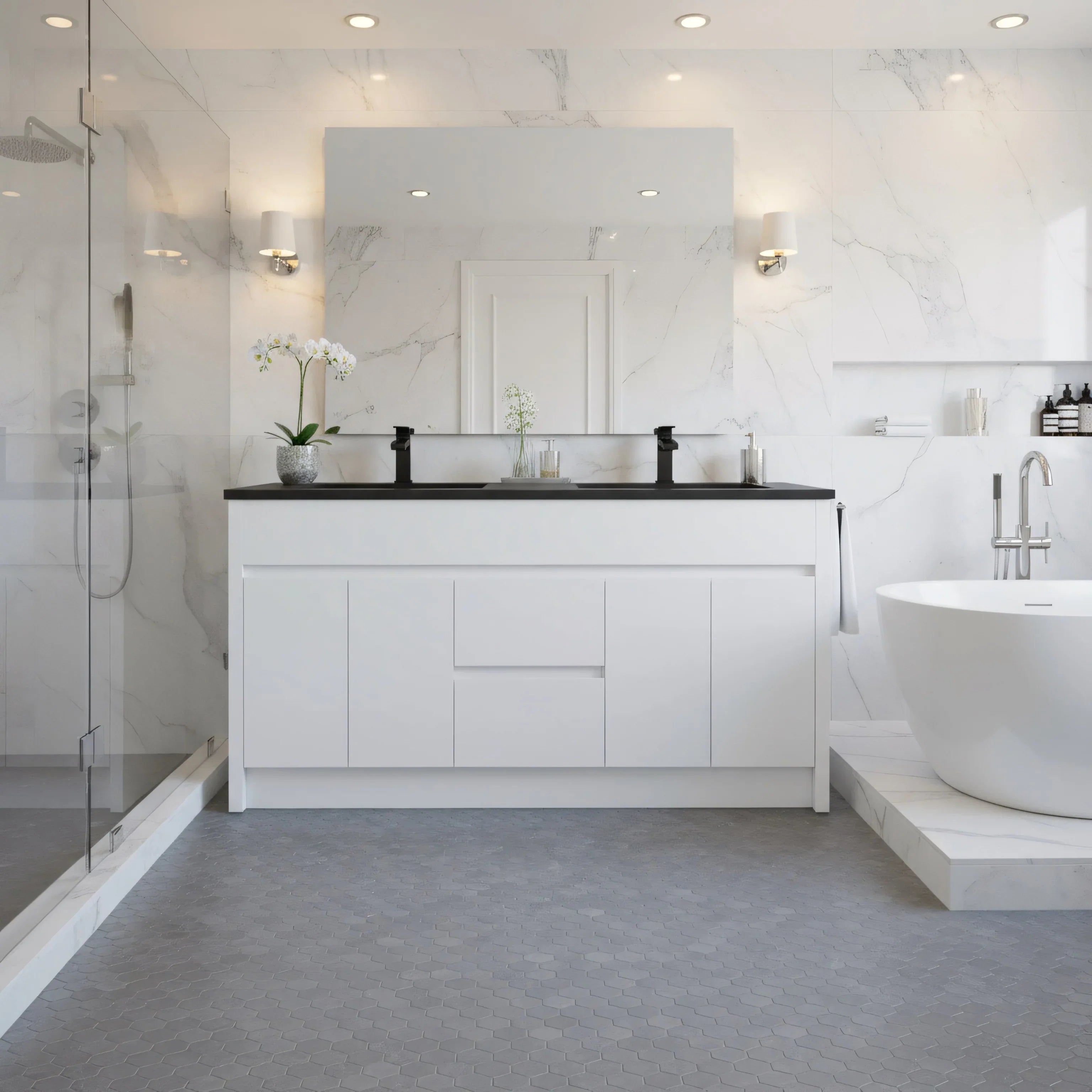 60" Matte White Freestanding Double Sink Bathroom Vanity with Black Engineered Quartz Countertop