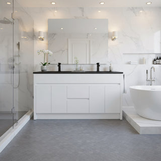 60" Matte White Freestanding Double Sink Bathroom Vanity with Black Engineered Quartz Countertop