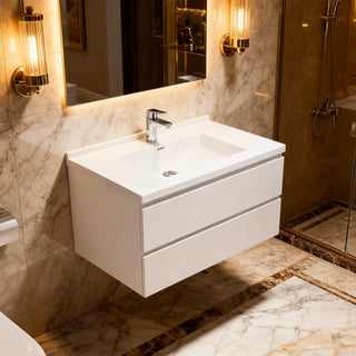 Meuble-Lavabo Mural 30po Blanc Brillant avec Comptoir de Polymarbre Blanc 