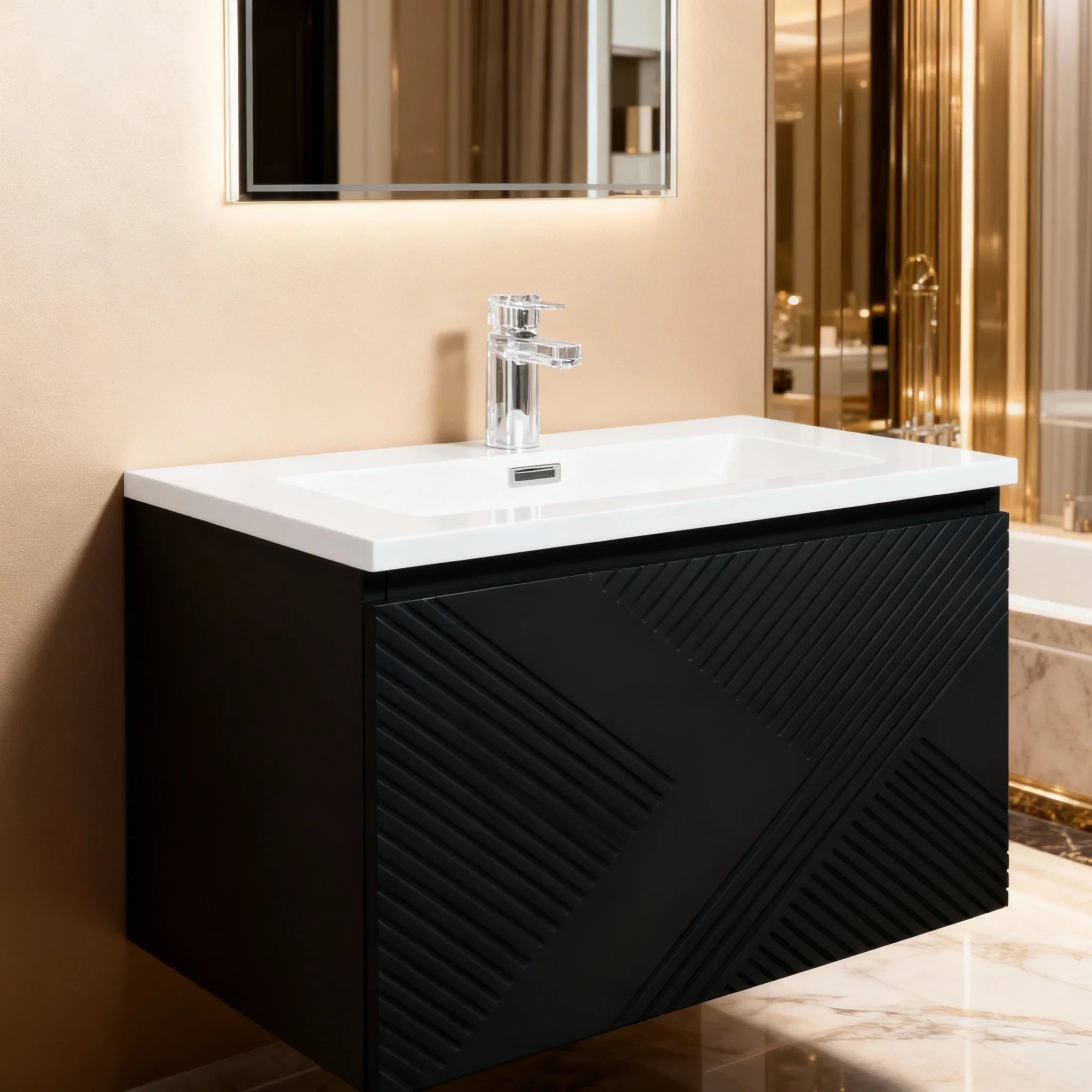 30" Black Wall Mount Bathroom Vanity with White Polymarble Countertop