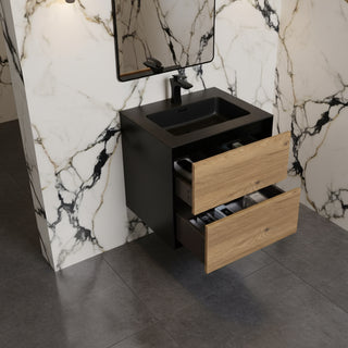 Meuble-Lavabo Mural 24po Noir et Chêne Brut avec Comptoir de Quartz d'ingénierie Noir 