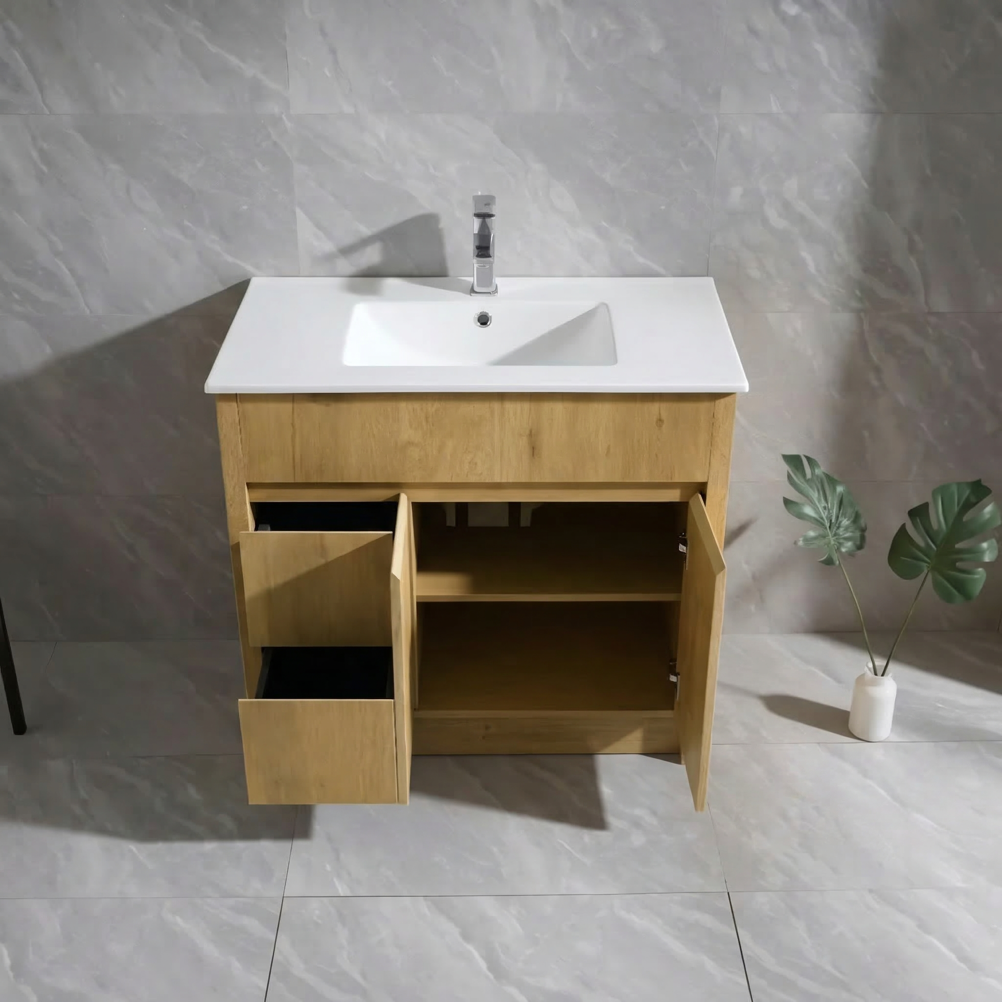 Meuble-Lavabo Autoportant 36 Chêne Givré avec Comptoir en Céramique
