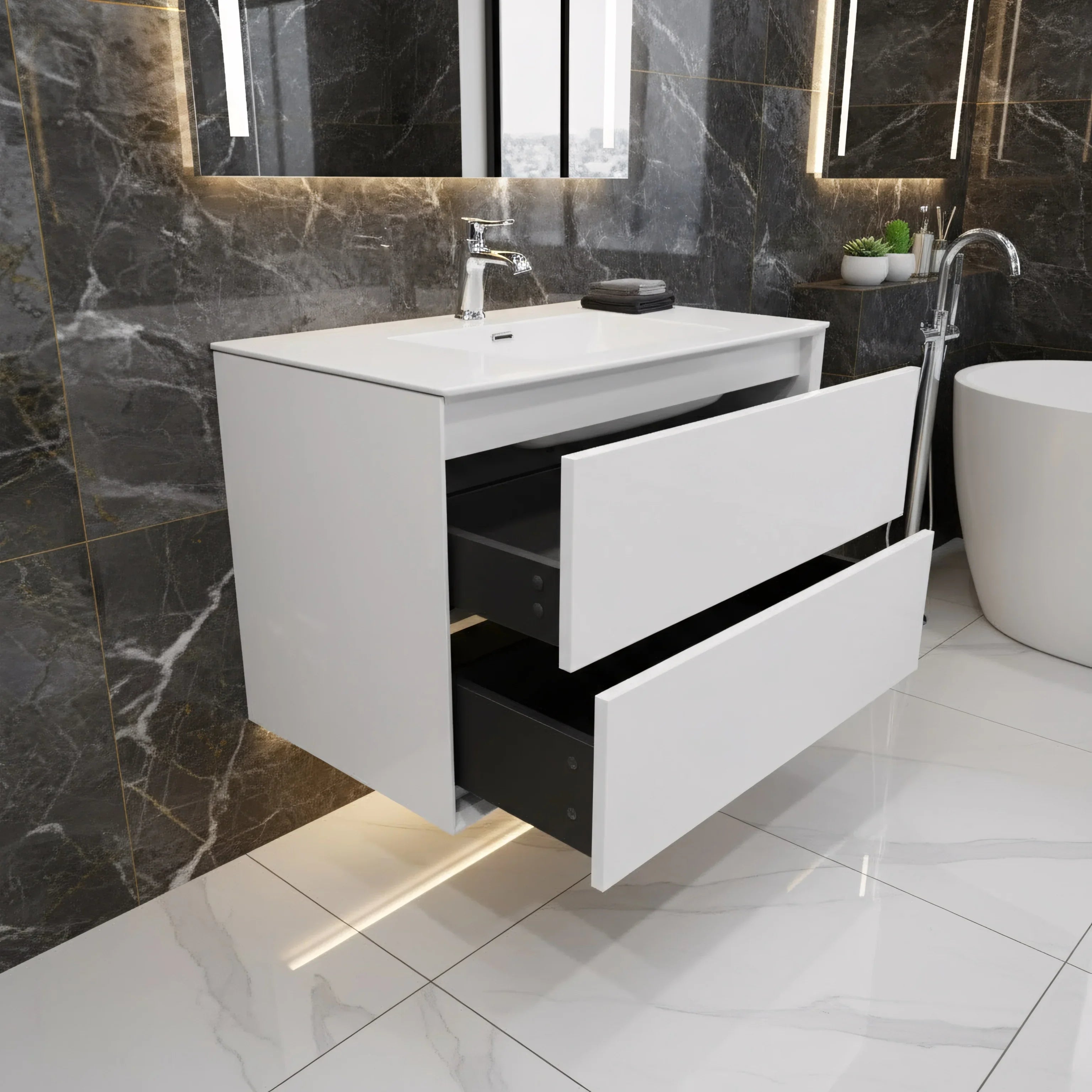 30" White Wall Mount Vanity with White Polymarble Countertop