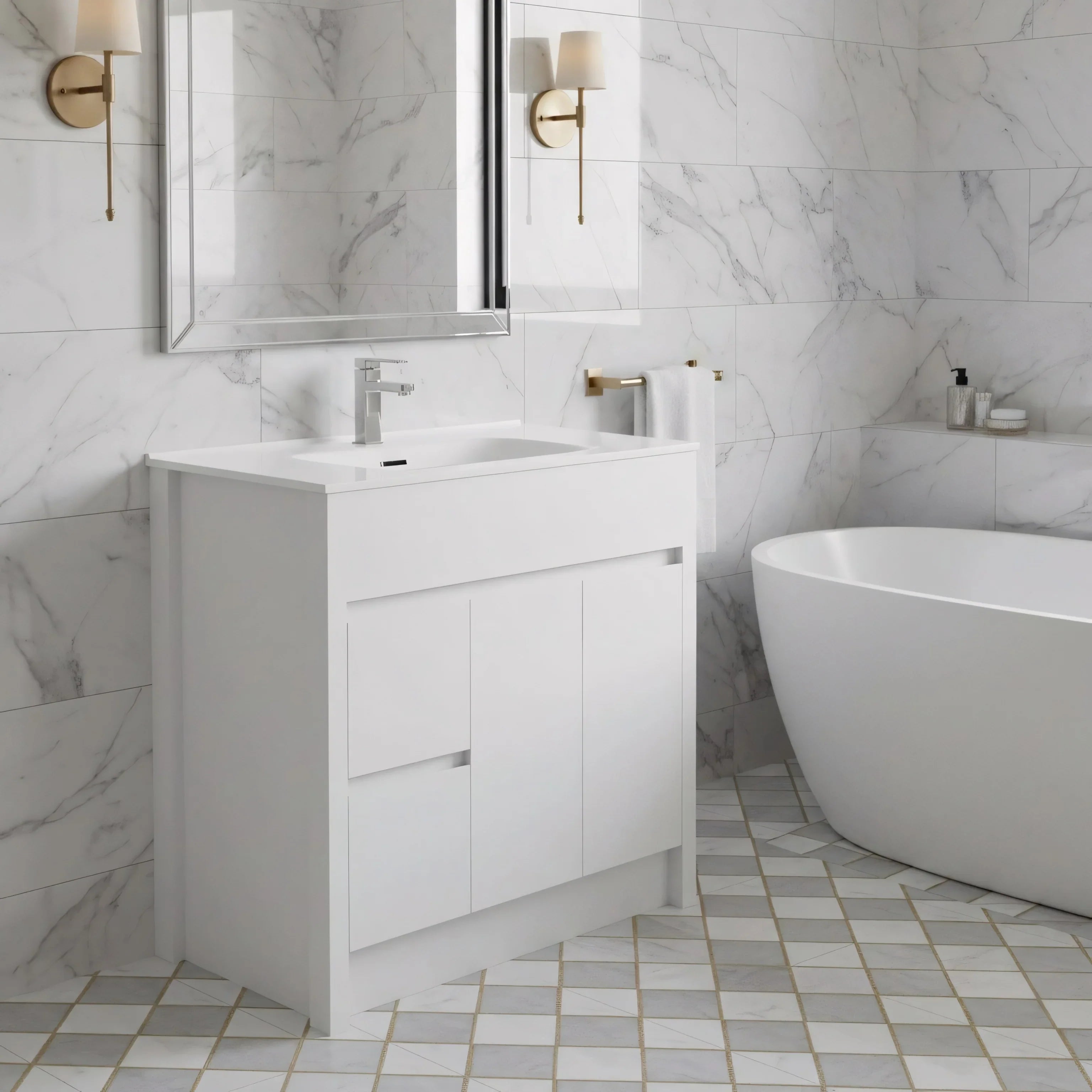 40" Matte White Freestanding Single Sink Bathroom Vanity with White Ceramic Countertop