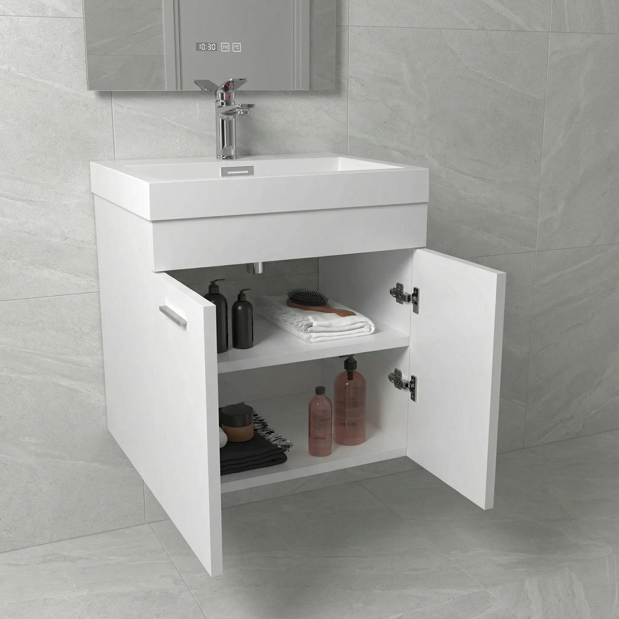 20" White Wall-Mount Single Sink Bathroom Vanity with White Polymarble Countertop