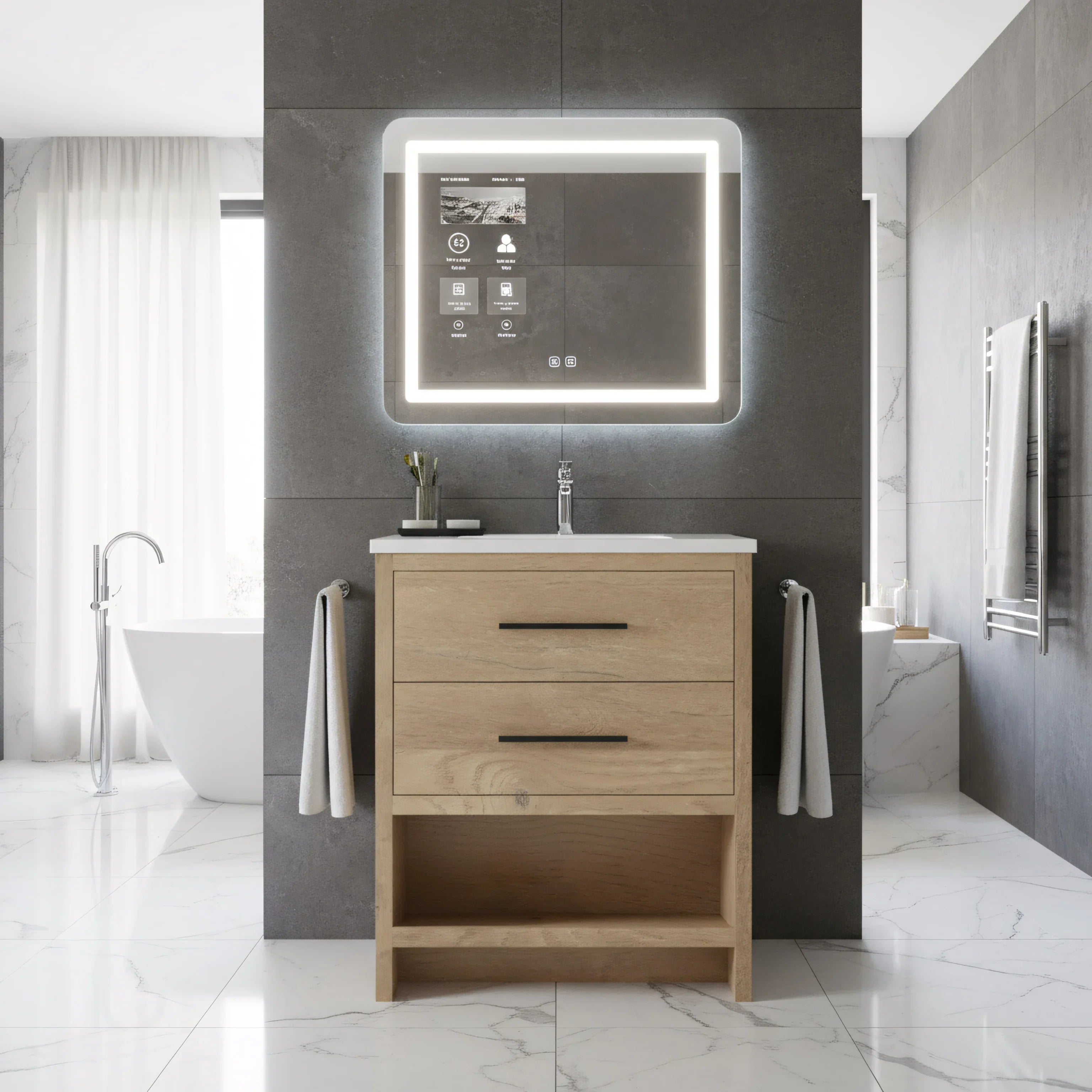Meuble-lavabo Autoportant 24 po Chêne Brut avec Comptoir en Polymarbre Blanc