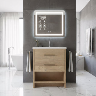 24" Rough Oak Freestanding Bathroom Vanity with White Polymarble Countertop