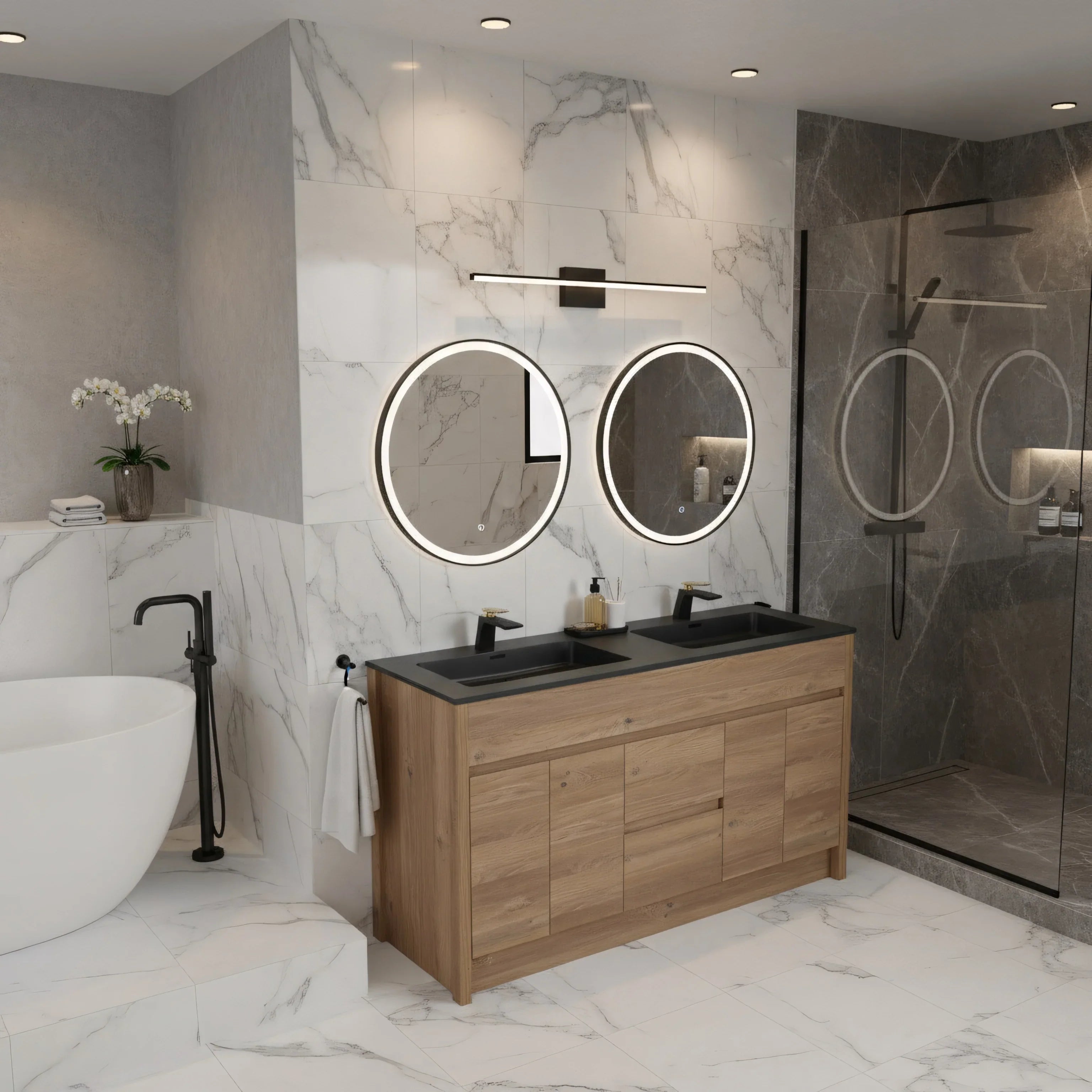 60" Rough Oak Freestanding Double Sink Bathroom Vanity with Black Engineered Quartz Countertop