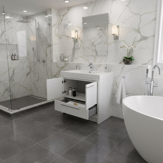 Meuble-Lavabo Autoportant 36po Blanc Brillant avec Comptoir de Polymarbre Blanc 