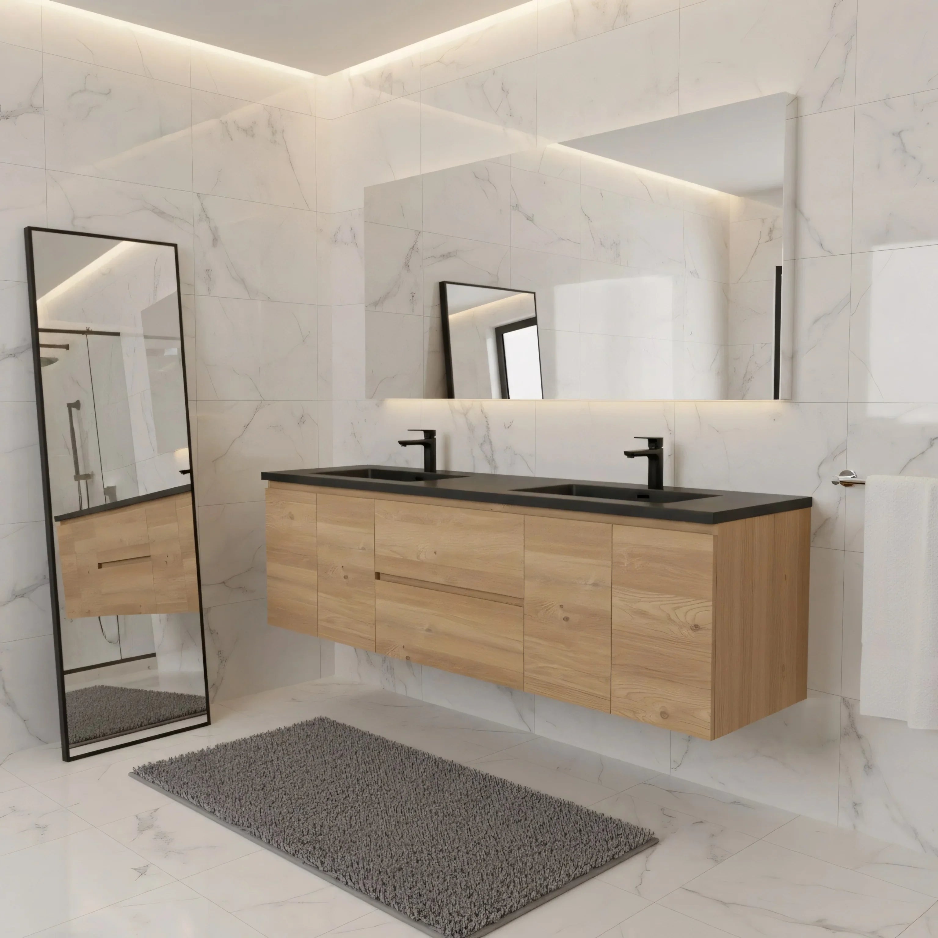 Meuble-Lavabo 72po Chêne Brut avec Comptoir de 72 Quartz Noir Lavabo Double