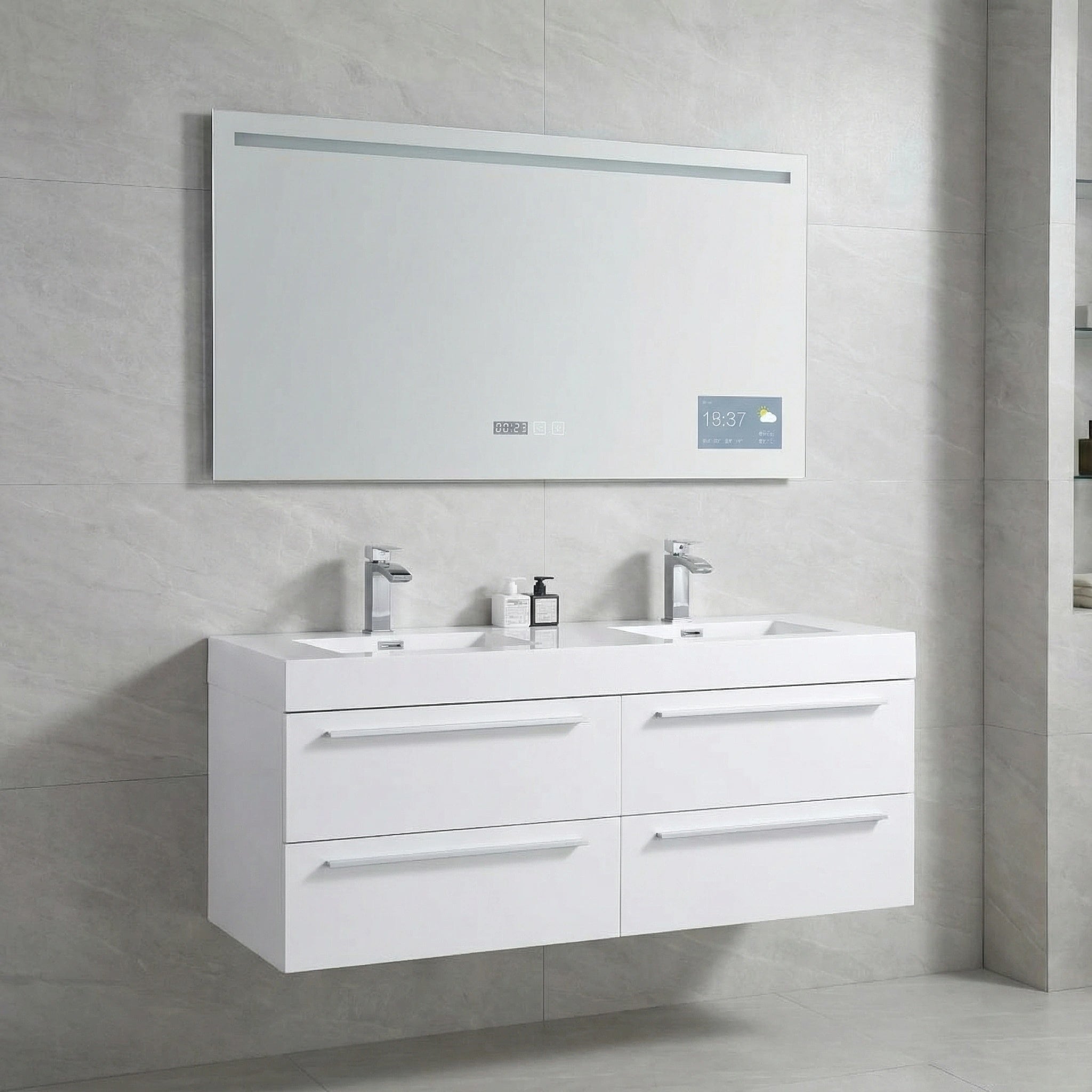 Meuble-Lavabo Mural Blanc de 60 po avec Comptoir en Polymarbre Blanc