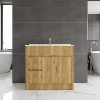 40" Frosted Oak Freestanding Bathroom Vanity with White Ceramic Countertop