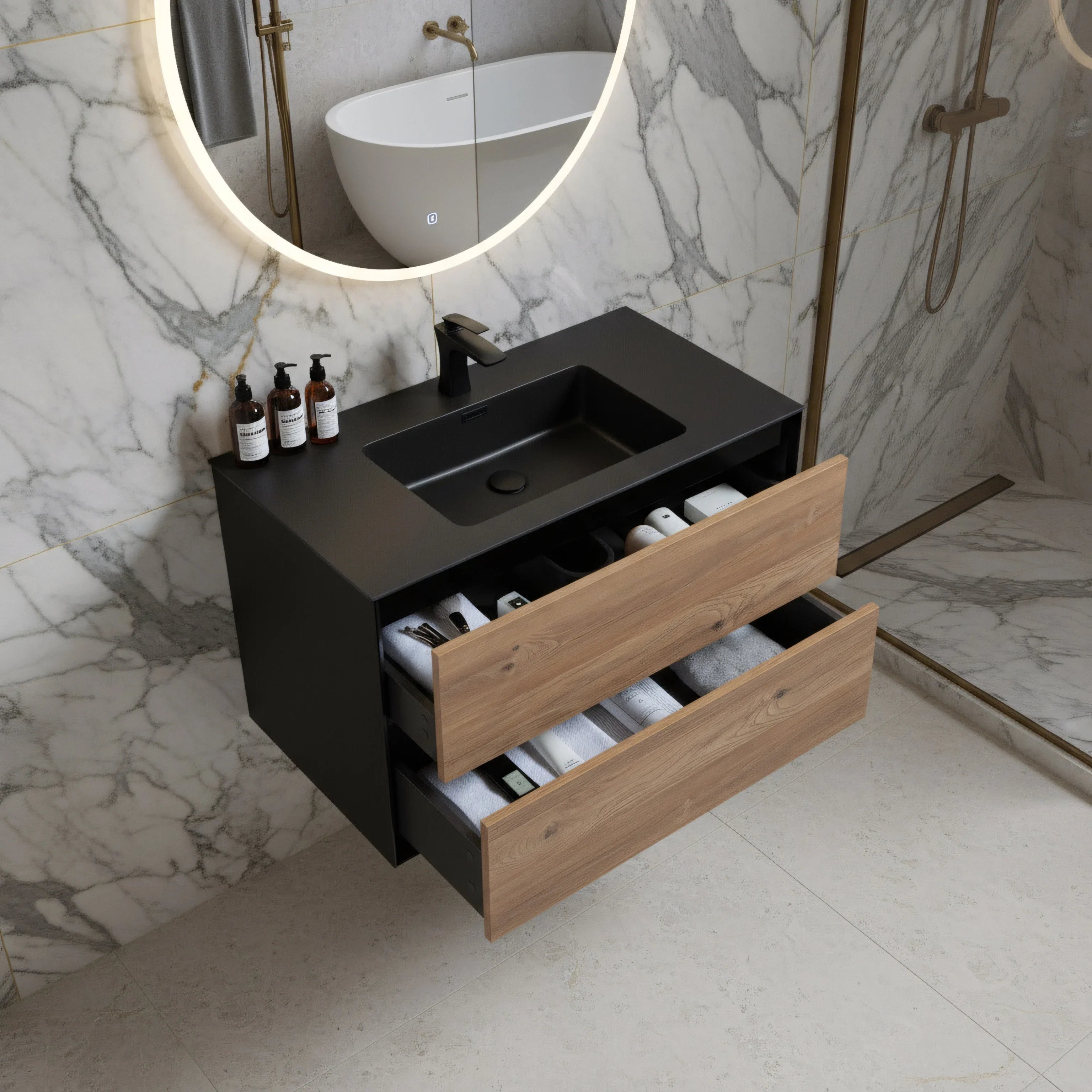 36" Black & Rough Oak Wall Mount Bathroom Vanity with Black Engineered Quartz Countertop Fleur