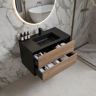 Meuble-Lavabo Mural 36po Noir et Chêne Brut avec Comptoir de Quartz d'ingénierie Noir