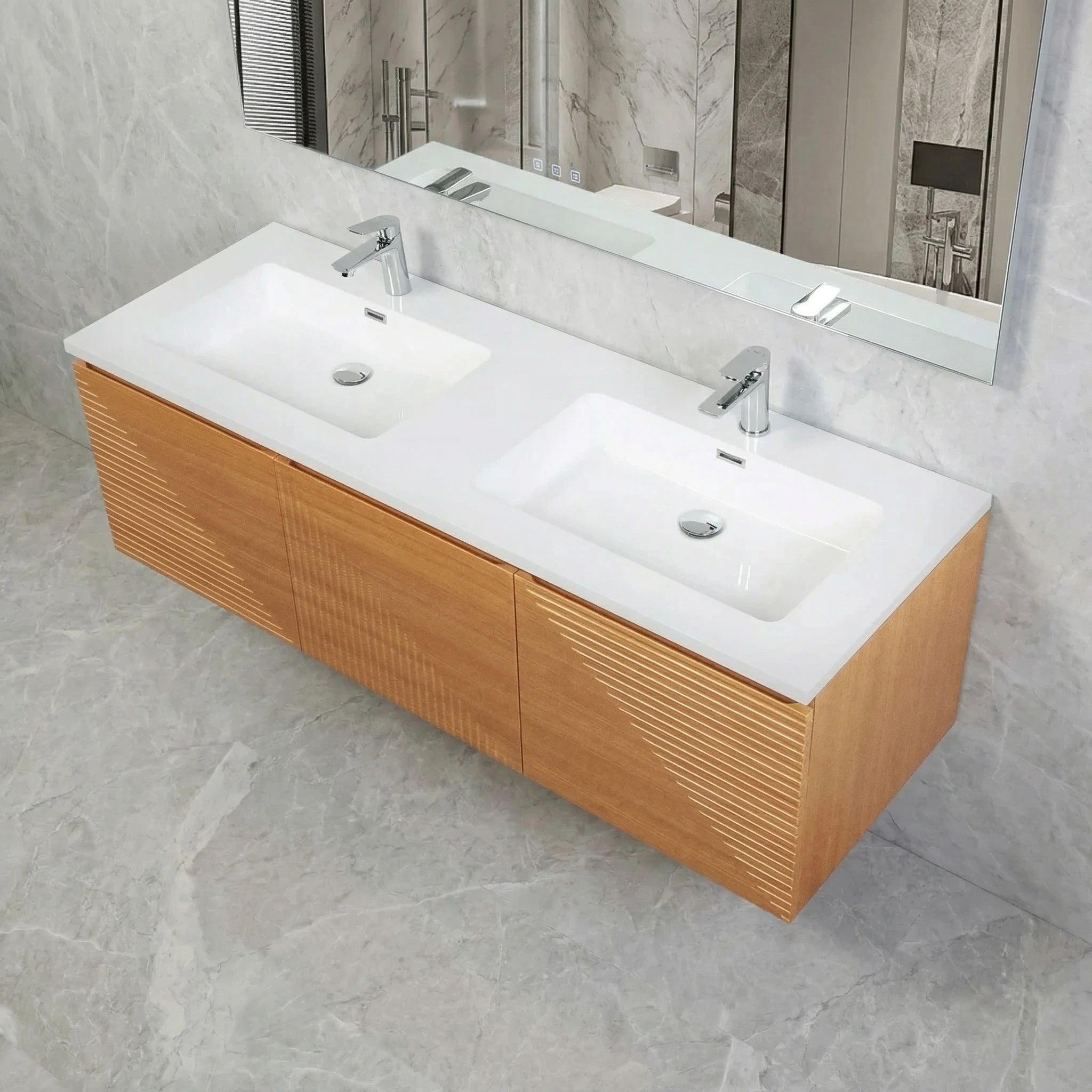 60" Light Oak Wall-Mounted Double Sink Bathroom Vanity with White Polymarble Countertop