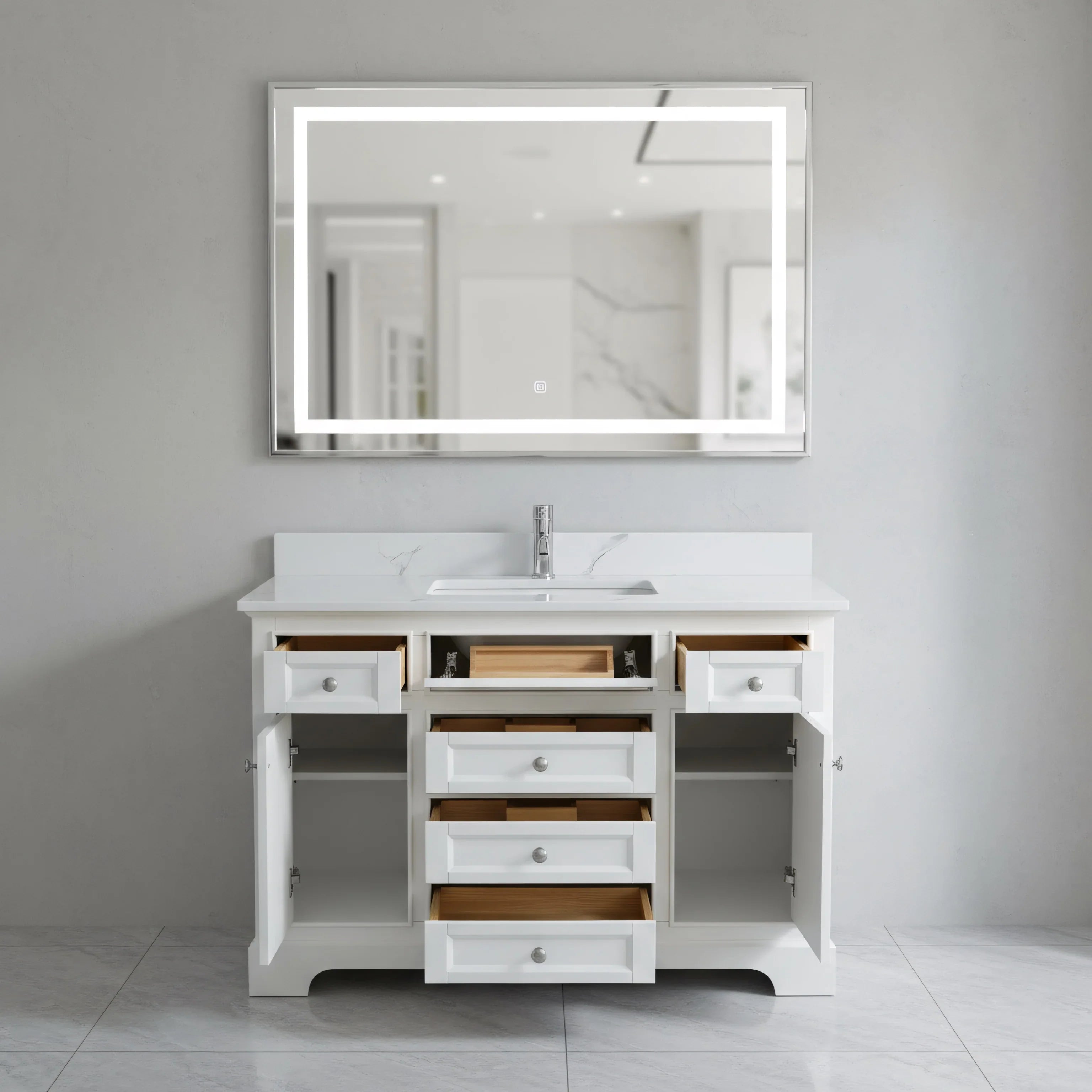 48" White Freestanding Bathroom Vanity with Engineered Calcutta Marble Countertop
