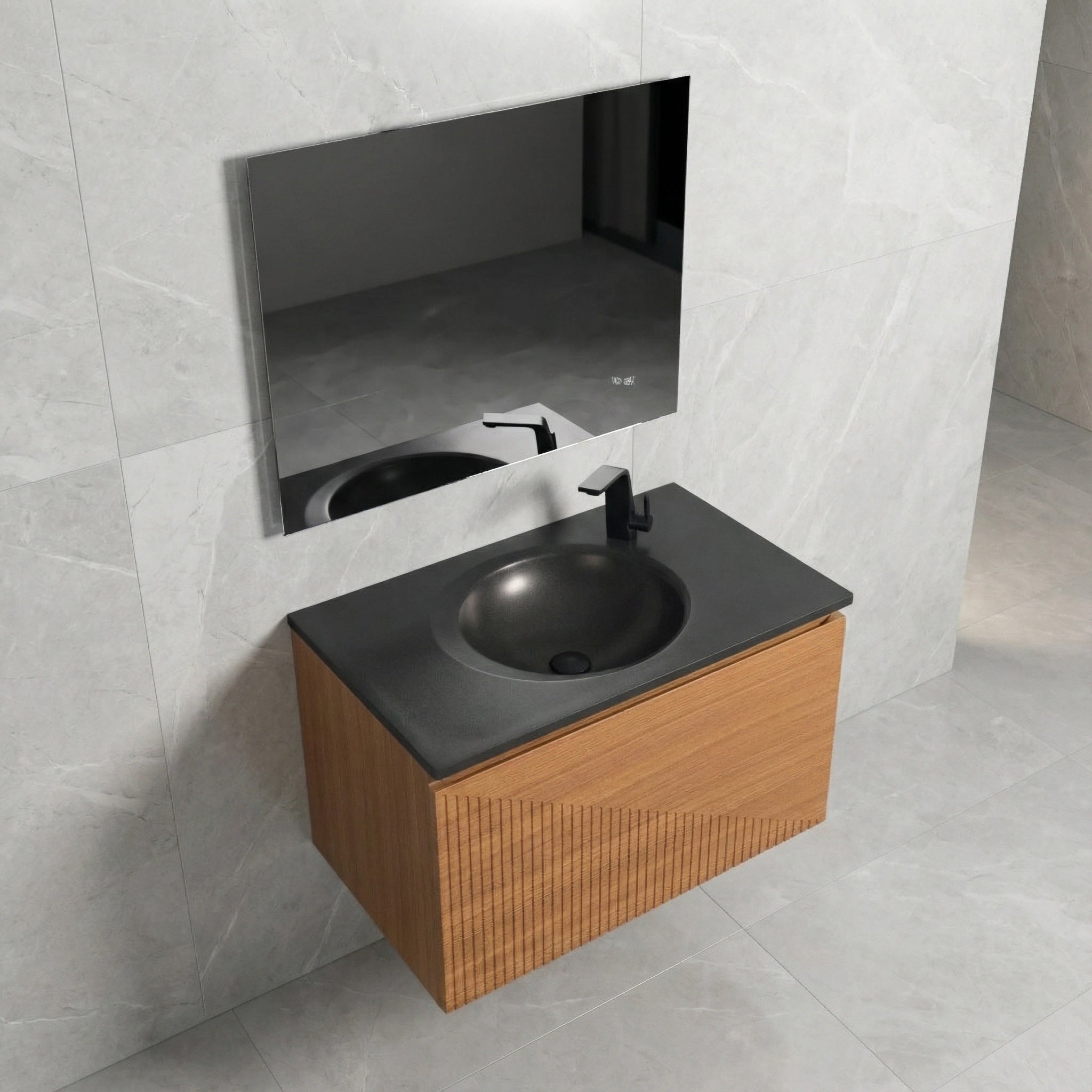 30" Light Oak Wall Mount Bathroom Vanity with Black Engineered Quartz Countertop