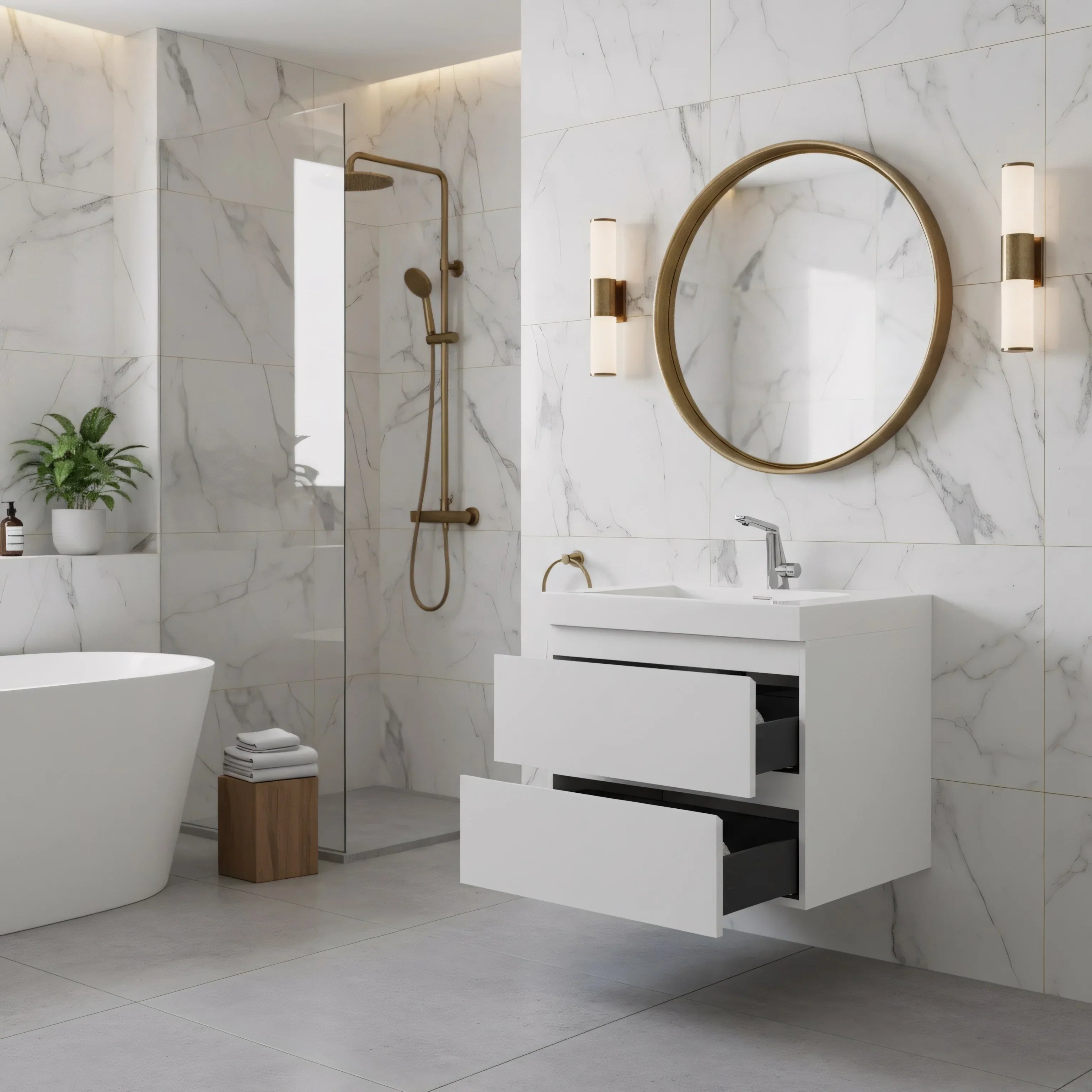 36" Glossy White Wall Mount Bathroom Vanity with White Polymarble Countertop