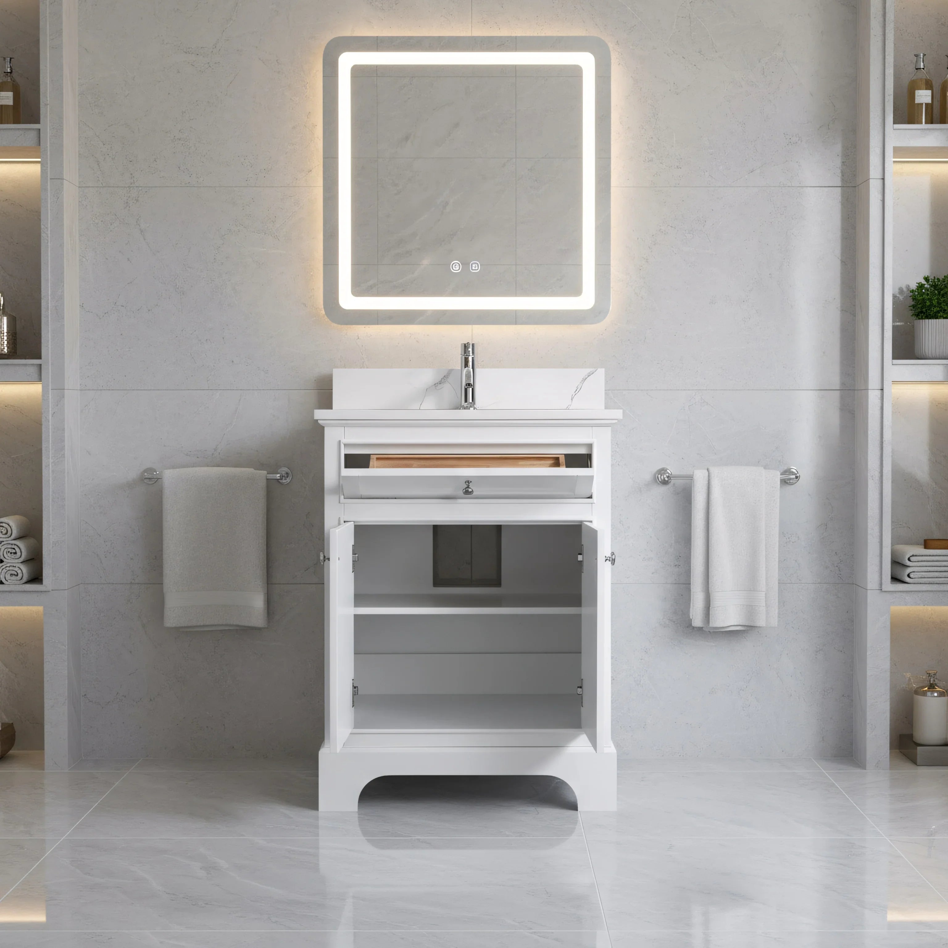 Meuble-Lavabo Autoportant 24po Blanc avec Comptoir de Marbre Ingénierie Calcutta