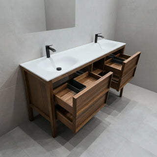 72" Natural Walnut Freestanding Double Sink Bathroom Vanity with White Solid Surface Countertop