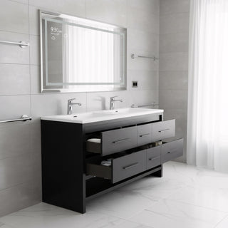60" Black Oak Freestanding Double Sink Bathroom Vanity with White Polymarble Countertop