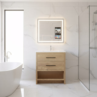 Meuble-lavabo autoportant en chêne brut de 30" avec Comptoir en polymarbre blanc