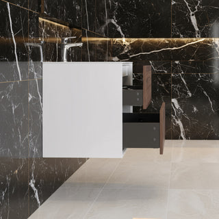 24" Walnut Wall Mount Vanity with White Polymarble Countertop