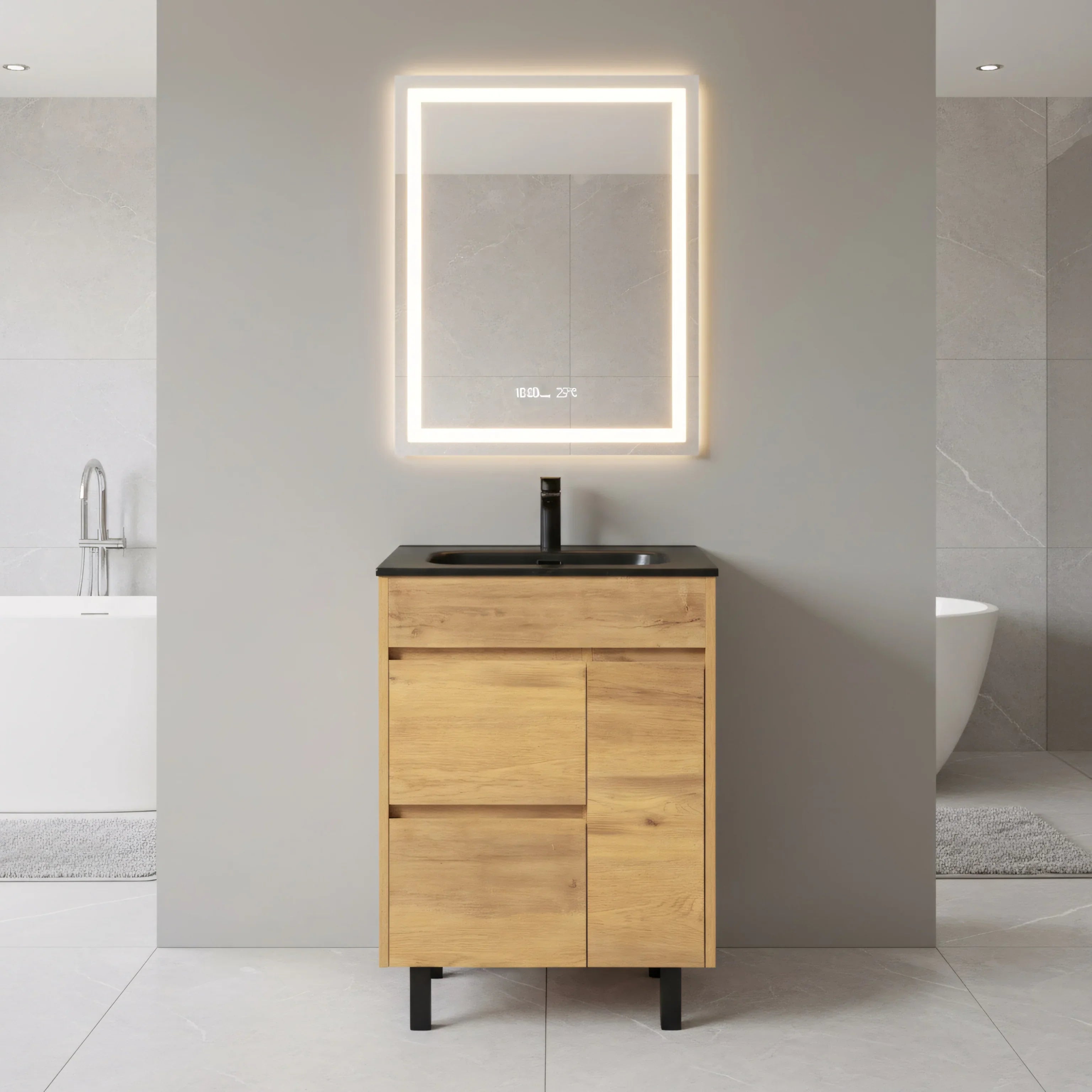 24" Frosted Oak Freestanding Single Sink Bathroom Vanity with Black Ceramic Countetop